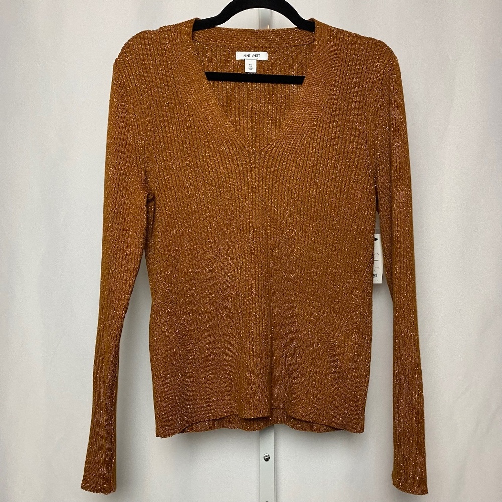 NWT Nine West Womenʻs Long Sleeve Rust Metallic V Neck Sweater XL